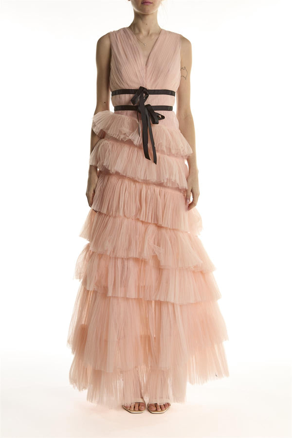 Peachy Pink Tiered Dropped Waist Maxi-Dress