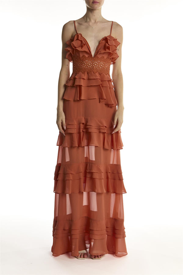 Soft Rust Sophia Plunge Front Tiered Ruffle Maxi-Dress