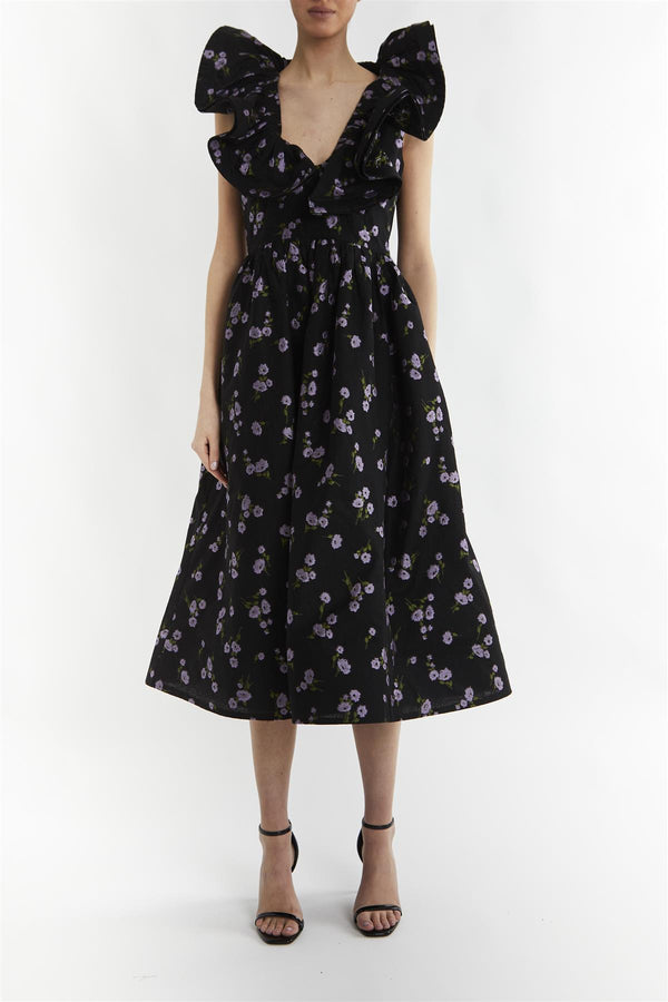 Peyton Black-Lilac Brocade Ruffle Midi Dress