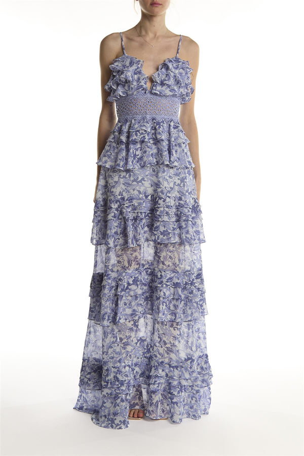 Blue Folk Floral Sophia Plunge Front Tiered Ruffle Maxi-Dress