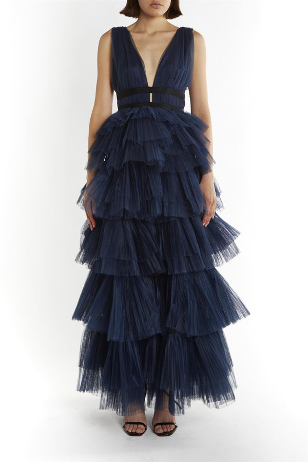 Eliza Dark-Navy Plunging-Neck Fully-Lined Layered Tulle Skirt Maxi-Dress