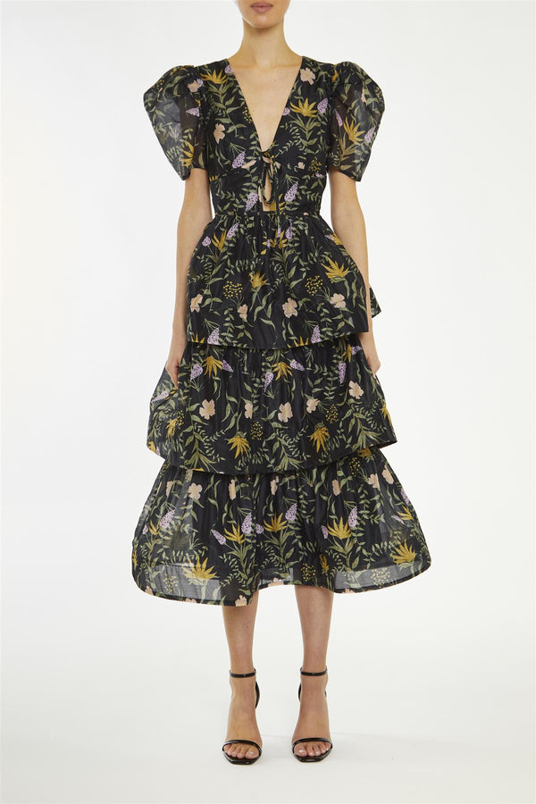 Ariella Black-Stem Nature-Floral Tiered Midaxi-Dress