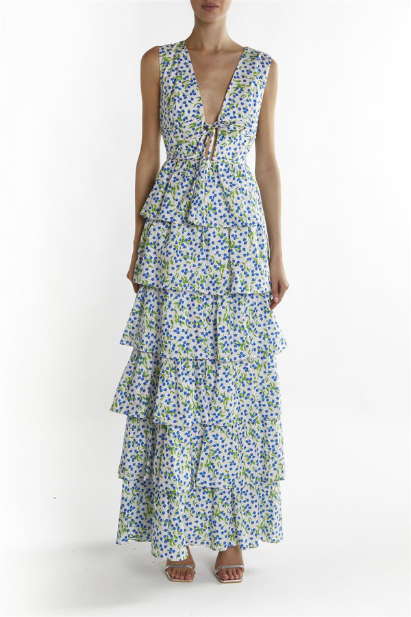 White-Blueberry Print Genevieve Tiered Maxi-Dress