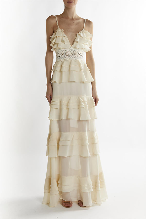 Cream Sophia Plunge Front Tiered Ruffle Maxi-Dress