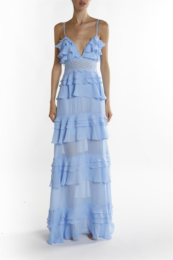 Sky-Blue Sophia Plunge Front Tiered Ruffle Maxi-Dress