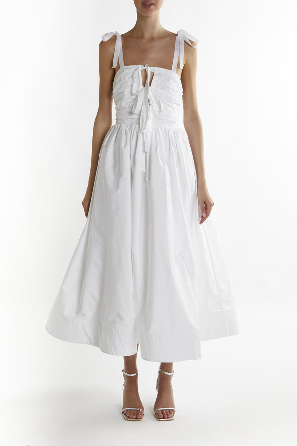 White Eleanor Bow Tie- Strap Midi-Dress