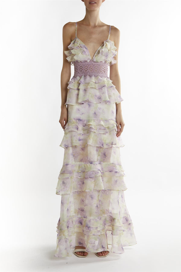 Green-Lilac Watercolour Sophia Plunge Front Tiered Ruffle Maxi-Dress