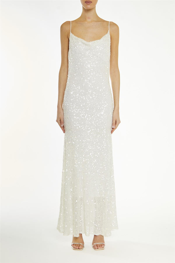 Frankie White-Sequin Bias-Cut Midaxi-Dress