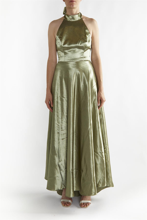 Cleo Sage-Green Halterneck Bias-Cut Maxi-Dress