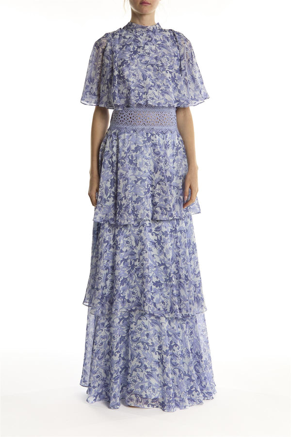 Blue Folk Floral Ruffle Trim Maxi-Dress