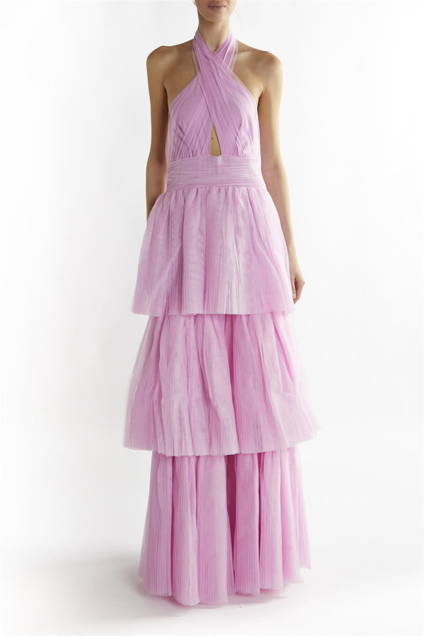 Candy-Pink Luciana Halter-Neck Tiered Maxi-Dress