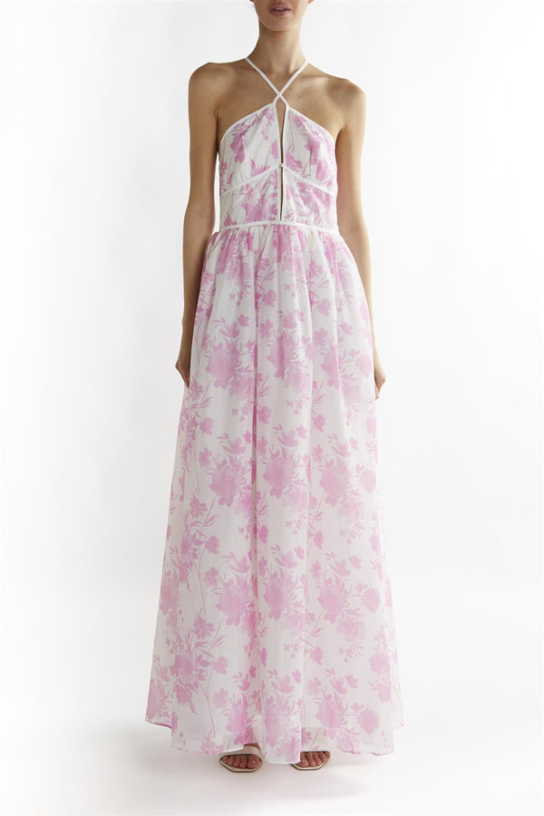 Candy-Pink Floral Aubree Lace Trim Maxi-Dress