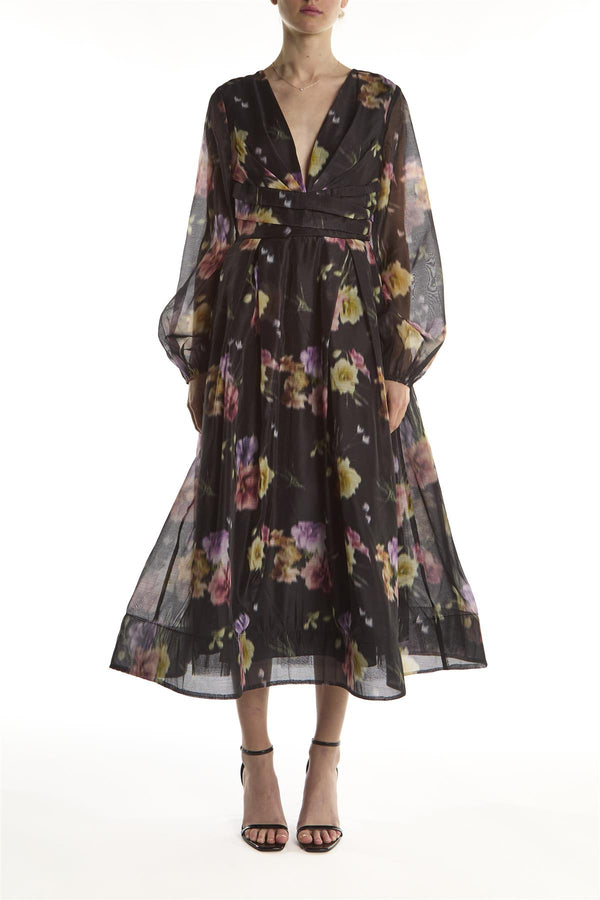 Black Blur Flower Long-Sleeve V-Neck Midaxi-Dress