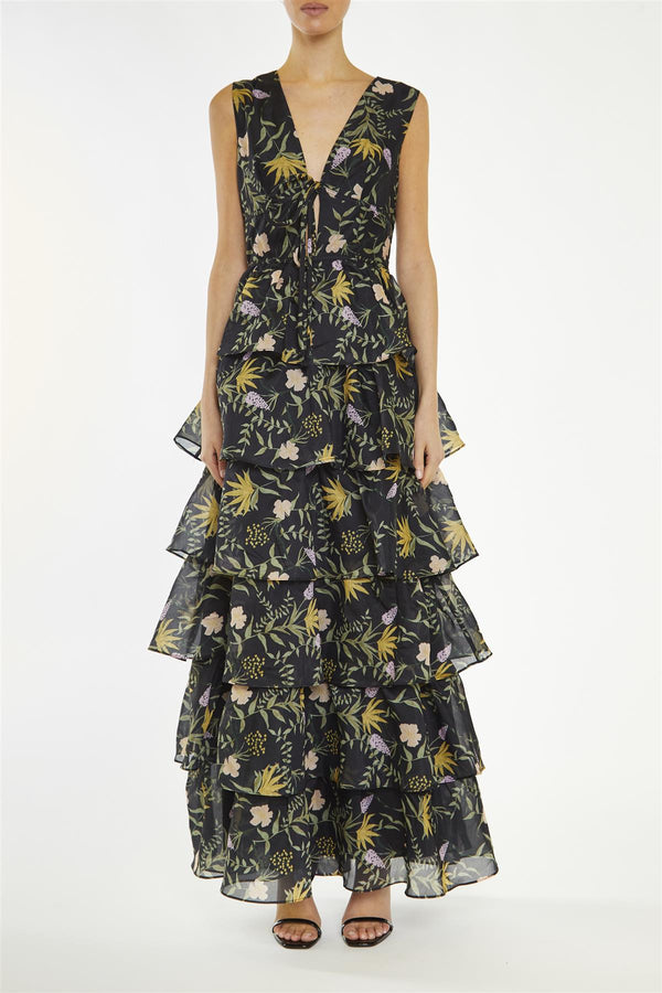 Genevieve Black-Stem Nature-Floral Tiered Maxi-Dress