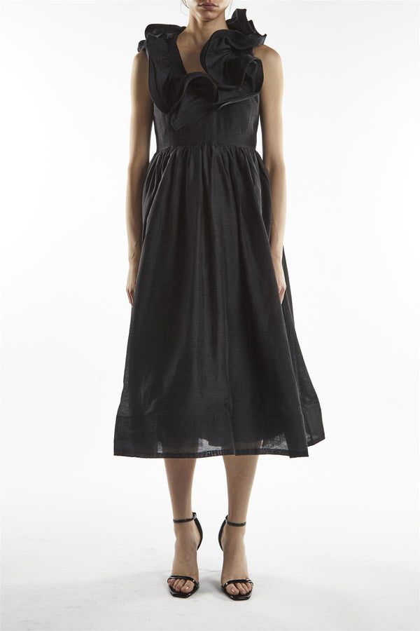 Black Peyton Ruffle Midi Dress