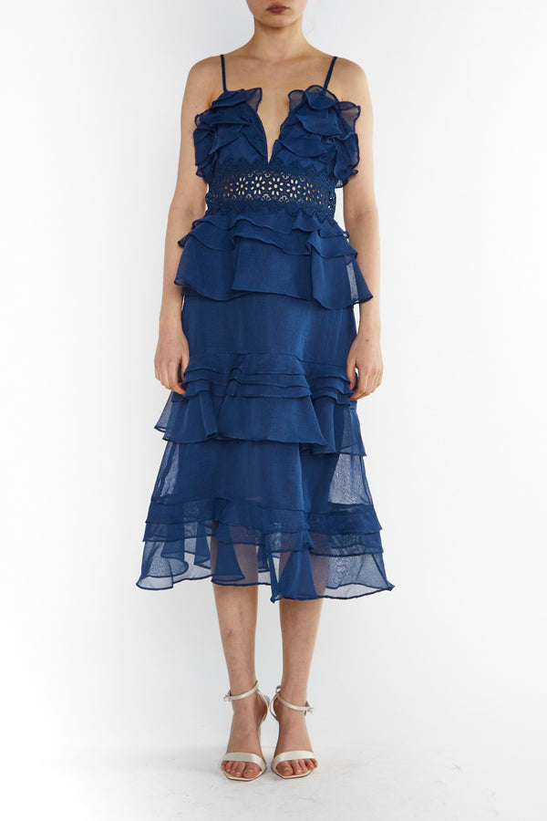 Viola Navy Plunge Front Tiered Ruffle Midi Dress