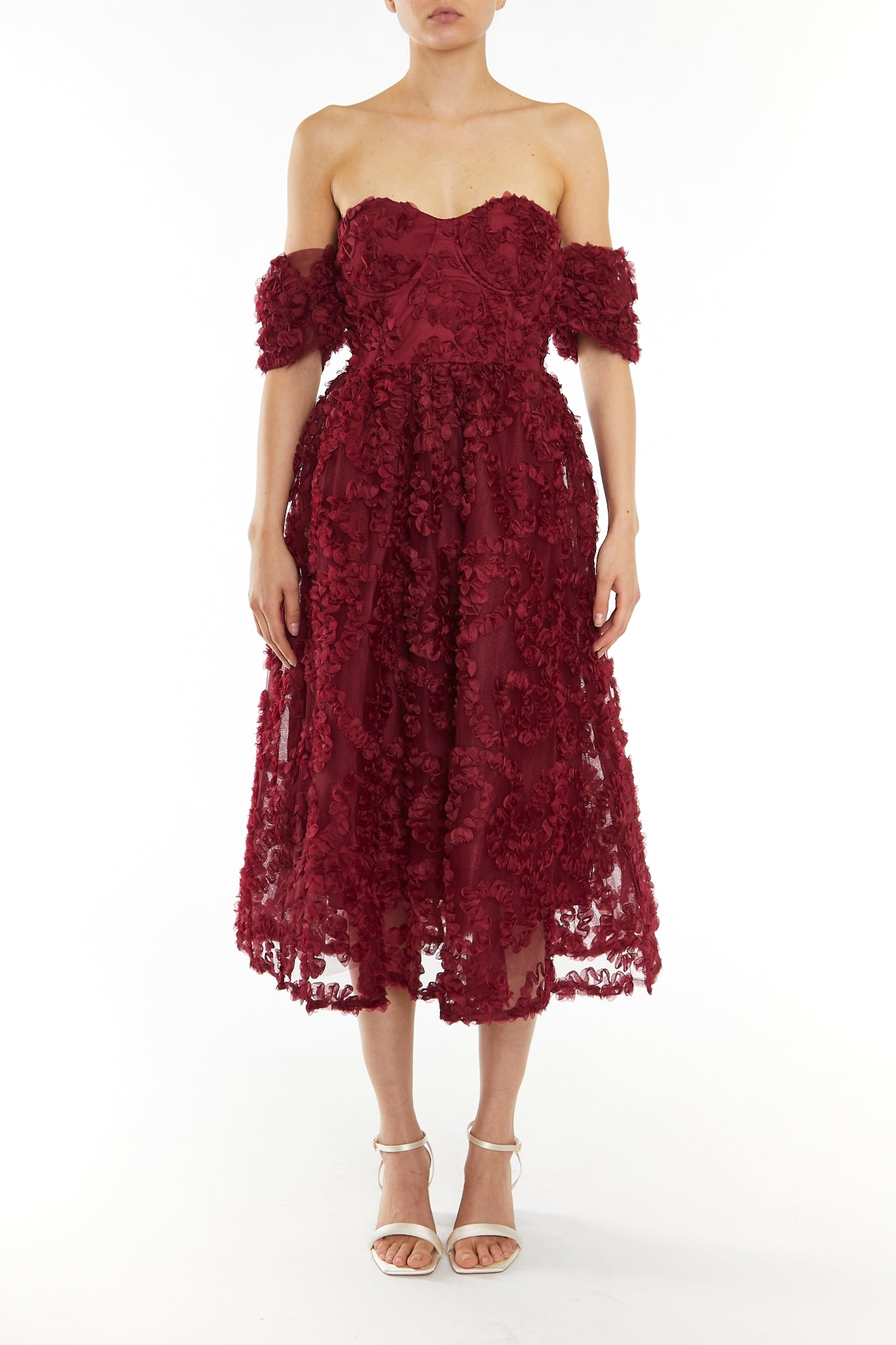 Amelia Burgundy Bardot Bust Cup Midi Dress - True Decadence