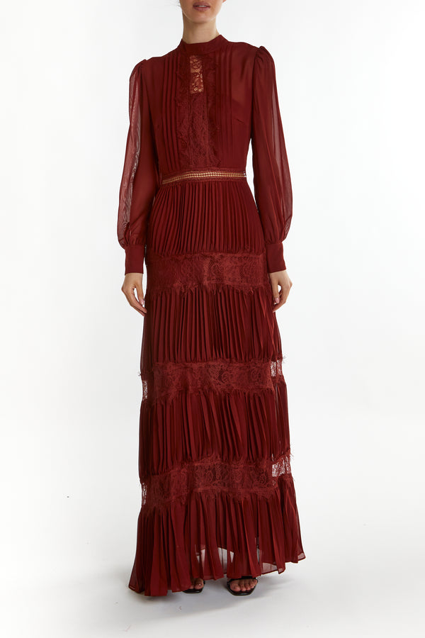 Holly Burgundy High-Neck Pleated Maxi Dress