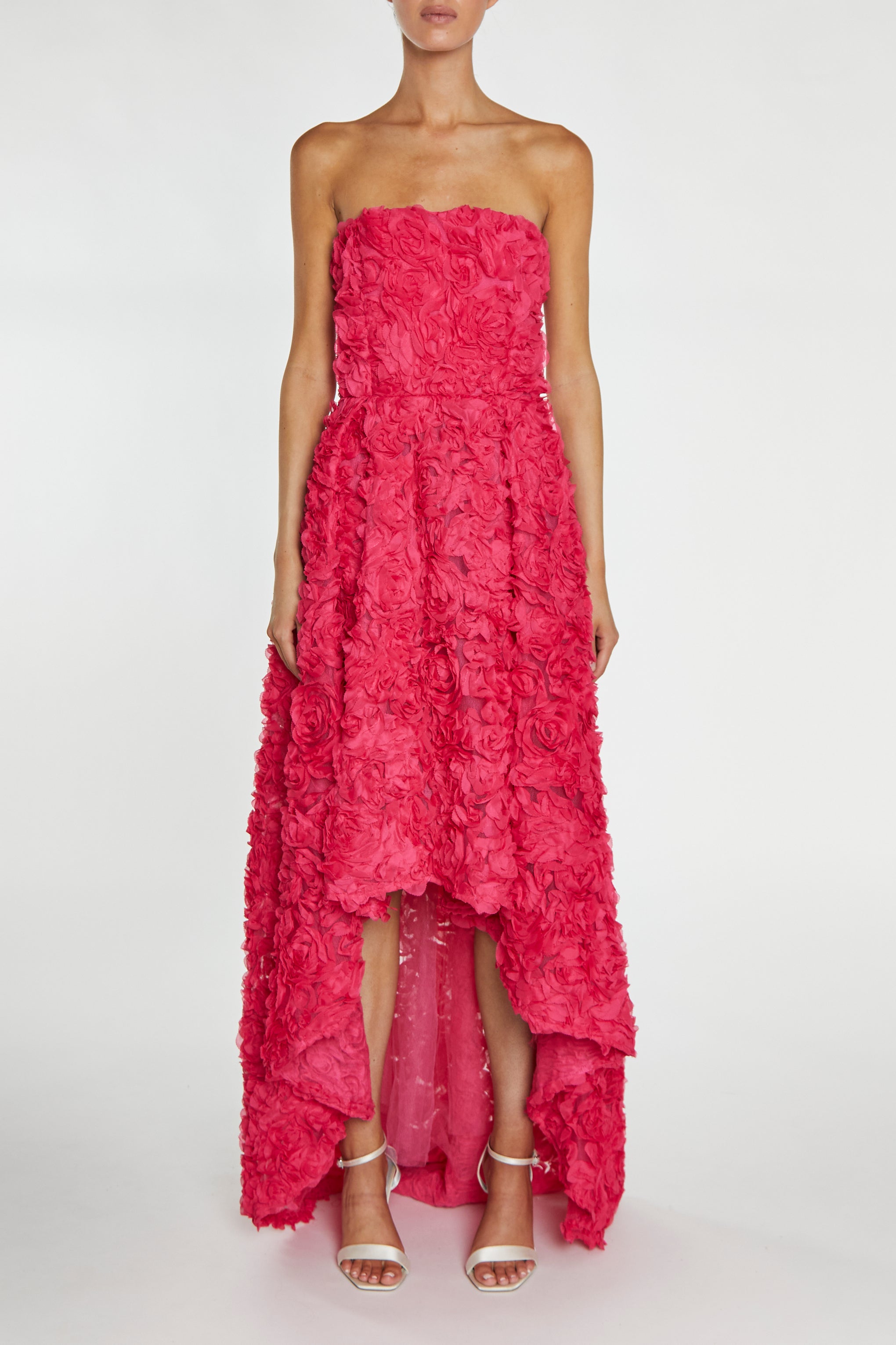 Eden Bright-Pink 3D Applique Strapless Hi-Low Dress - True Decadence