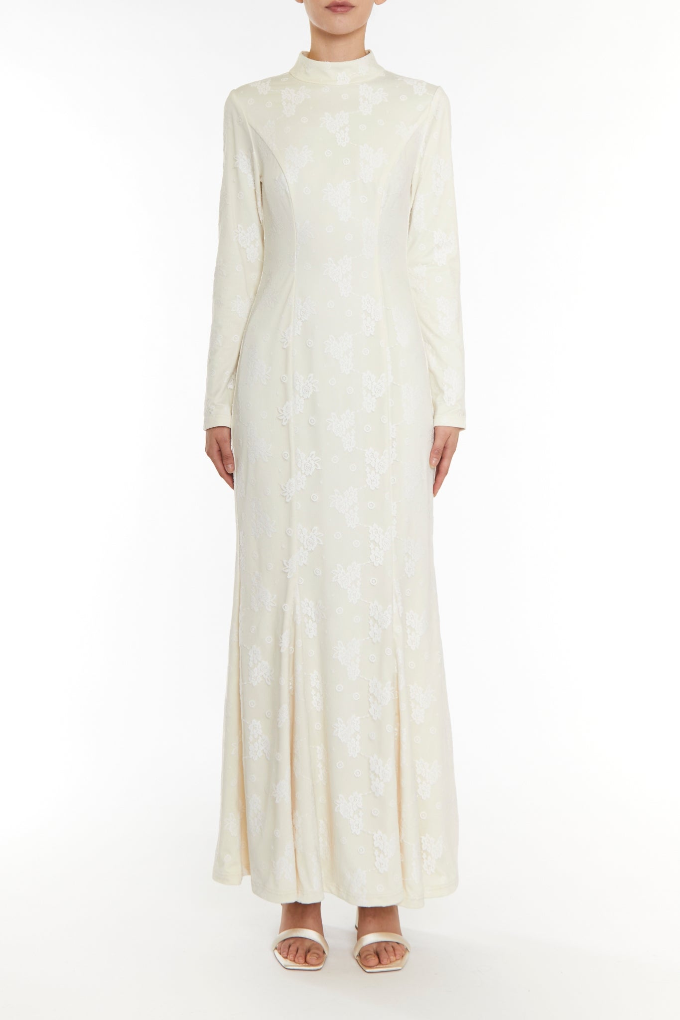 Serenity White-Lace High Neck Godet Maxi-Dress - 6 - True Decadence