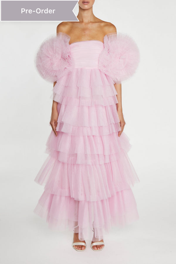 Nancy Powder-Pink 3D Flower Sleeve Tiered Maxi Dress