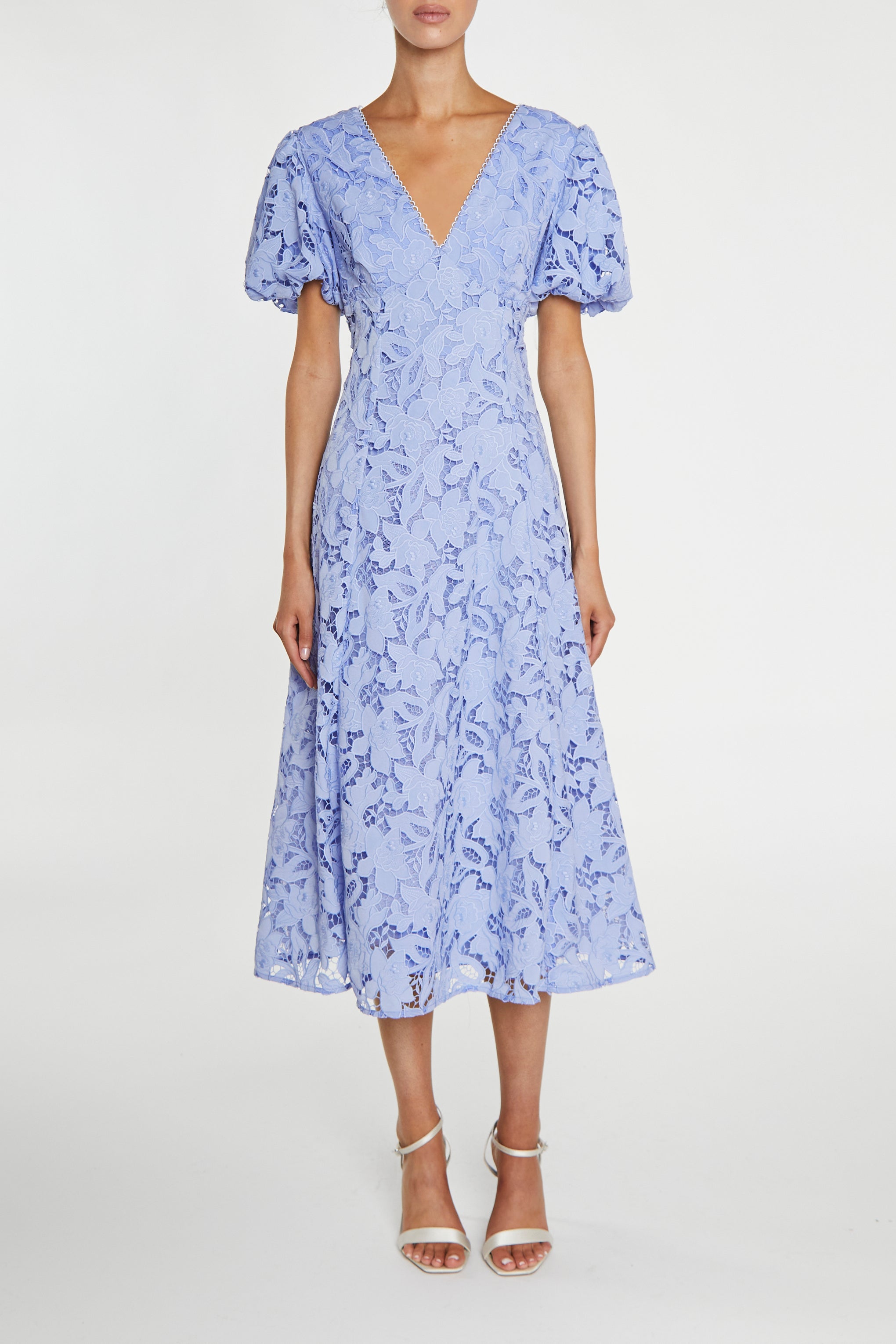 Harley Cornflower-Blue Cutwork Lace V-Neck Midi-Dress - True Decadence