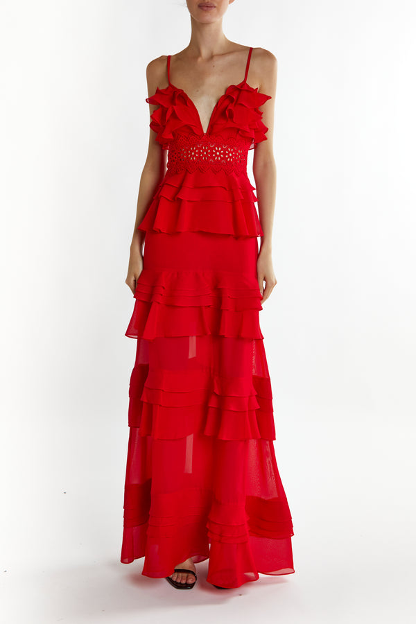 Sophia Red Plunge Front Tiered Ruffle Maxi-Dress