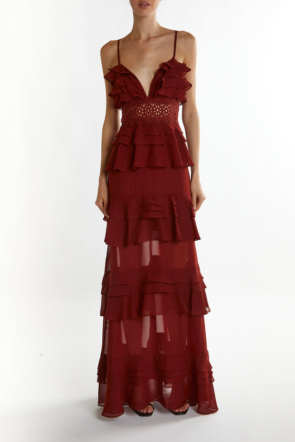 Sophia Burgundy Plunge Front Tiered Ruffle Maxi-Dress