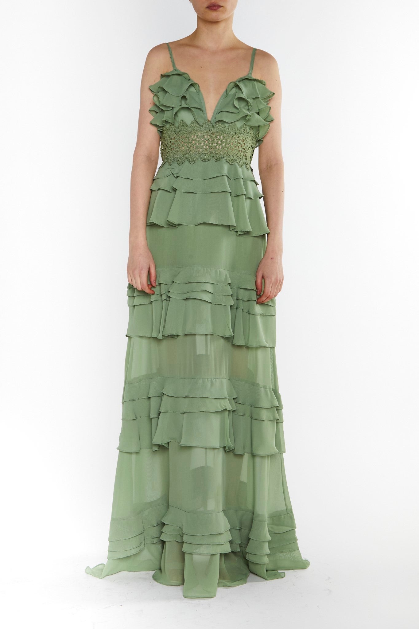 Sophia Sage Green Plunge Front Tiered Ruffle Maxi-Dress - True ...