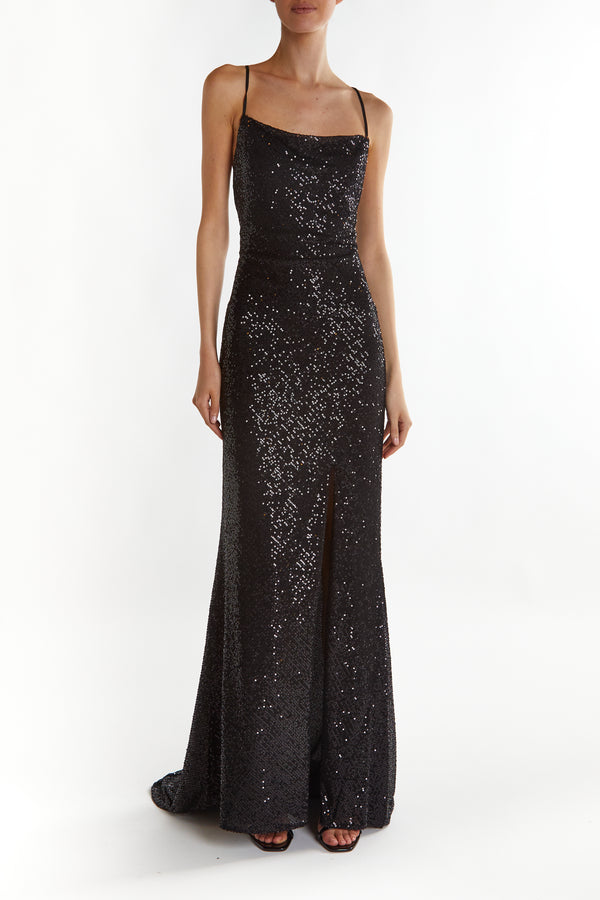 Pippa Black-Sequin Cowl-Neck Slip Dress