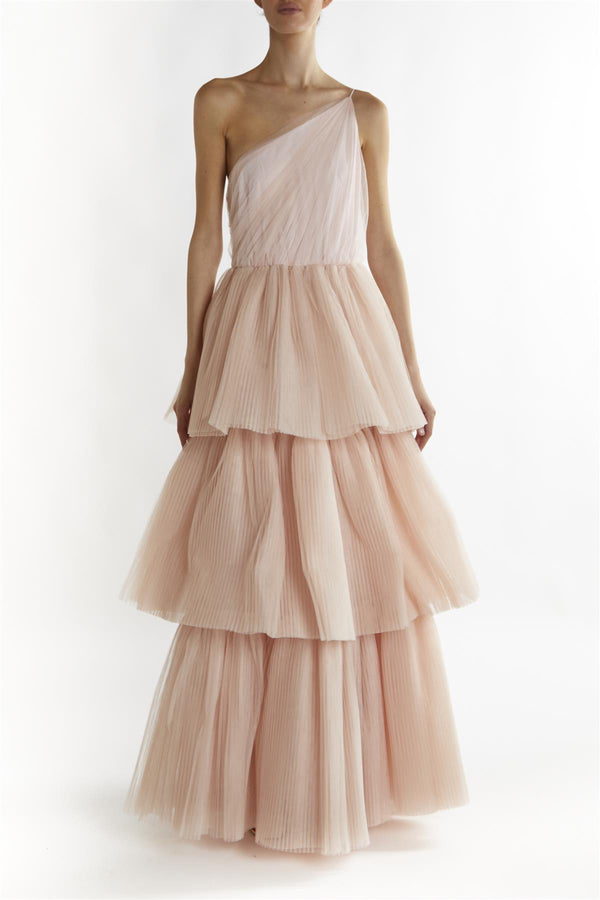 Nude-Peach Liana Asymmetric Tiered  Maxi-Dress