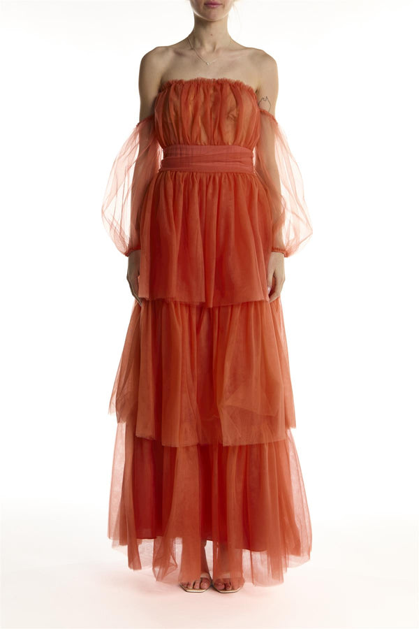 Soft Rust Bardot Tiered Maxi-Dress