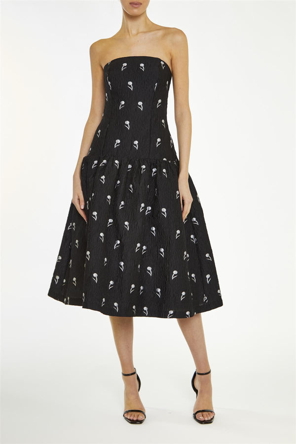 Vienna Black-Grey Floral-Brocade Dropped-Waist Midi-Dress