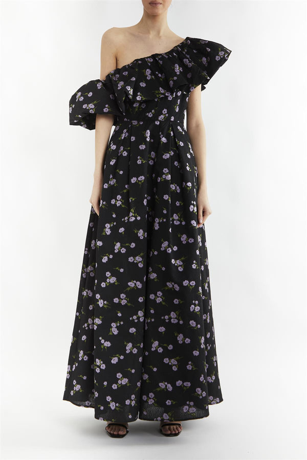 Blake Black-Lilac Brocade Puff One Shoulder Maxi-Dress