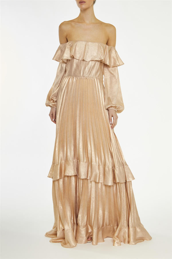 Adrianna Metallic-Copper Pleated Bardot Maxi-Dress