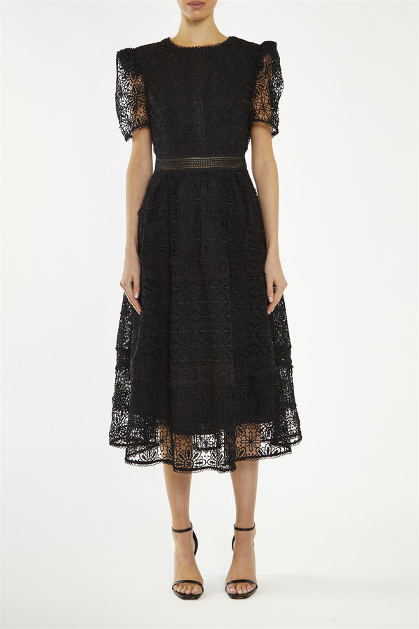 Priscilla Black Lace-Trim Midi-Dress