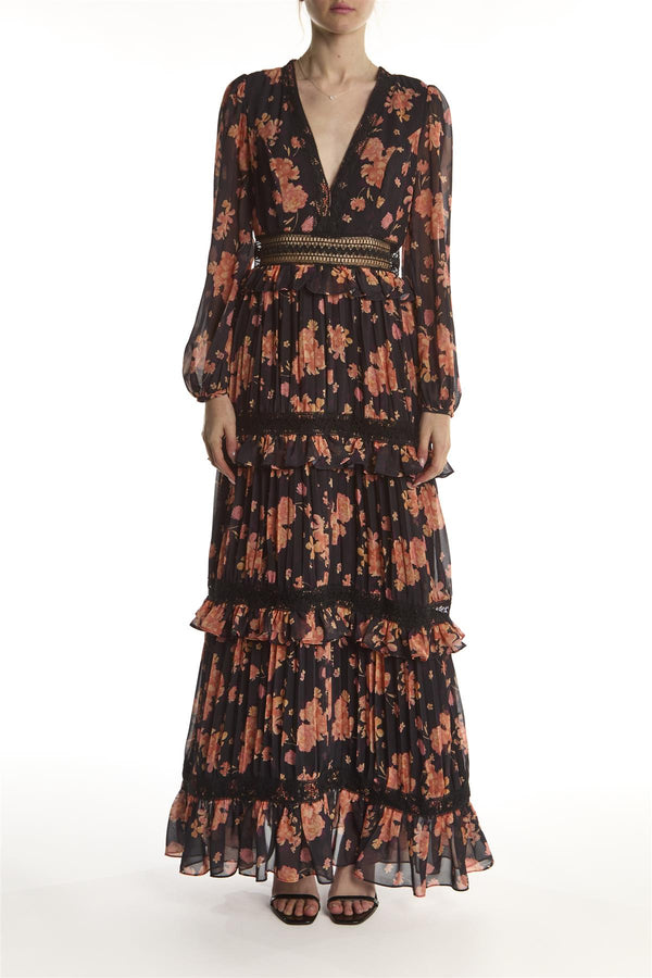 Black Flower Chiffon V-neck Maxi-Dress