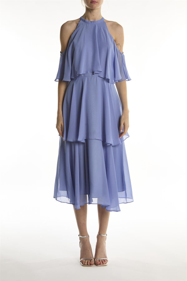 Mid Blue High-Neck Ruffle Midi-Dress