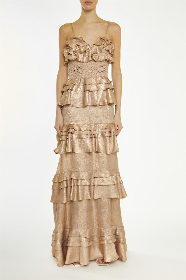 Sophia Dark-Metallic Copper Plunge Front Tiered Ruffle Maxi-Dress