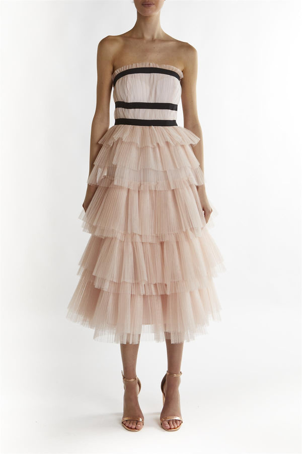 Nude-Peach Brianna Bandeau-Pleated Midi-Dress