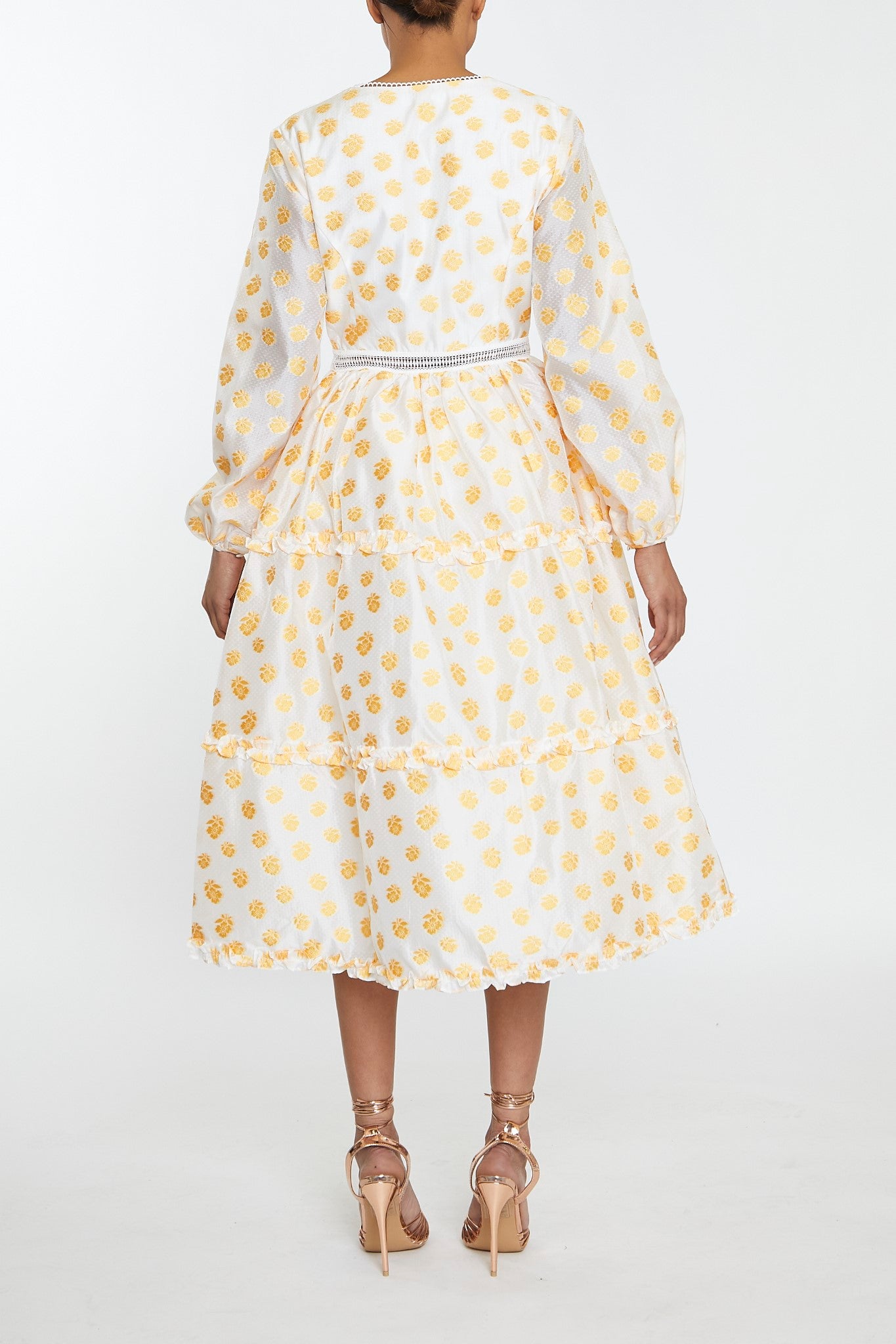 Sunny Cream Mustard Jacquard Tiered Plunge Front Midi Dress