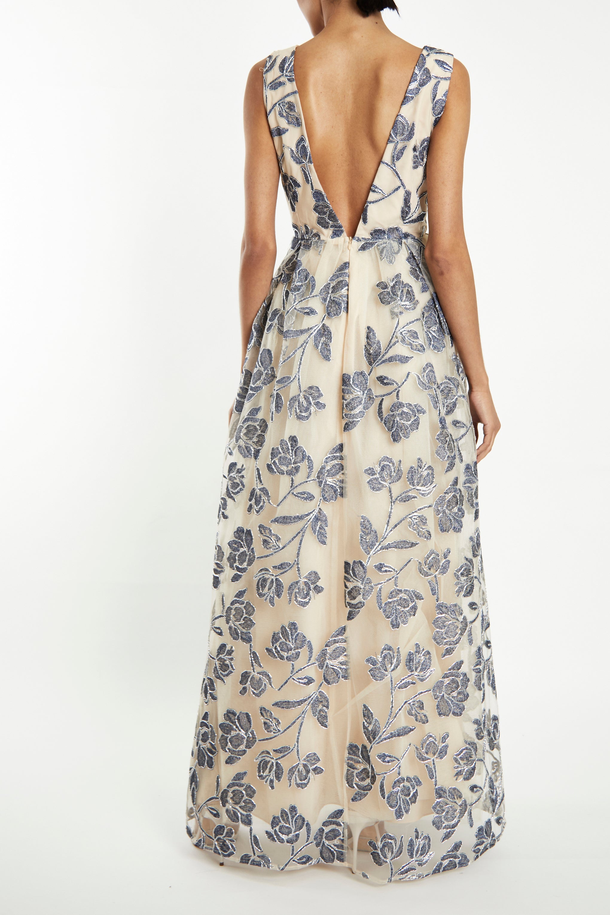 Louise Steel Blue Embroidery Plunging Back Maxi-Dress - True Decadence