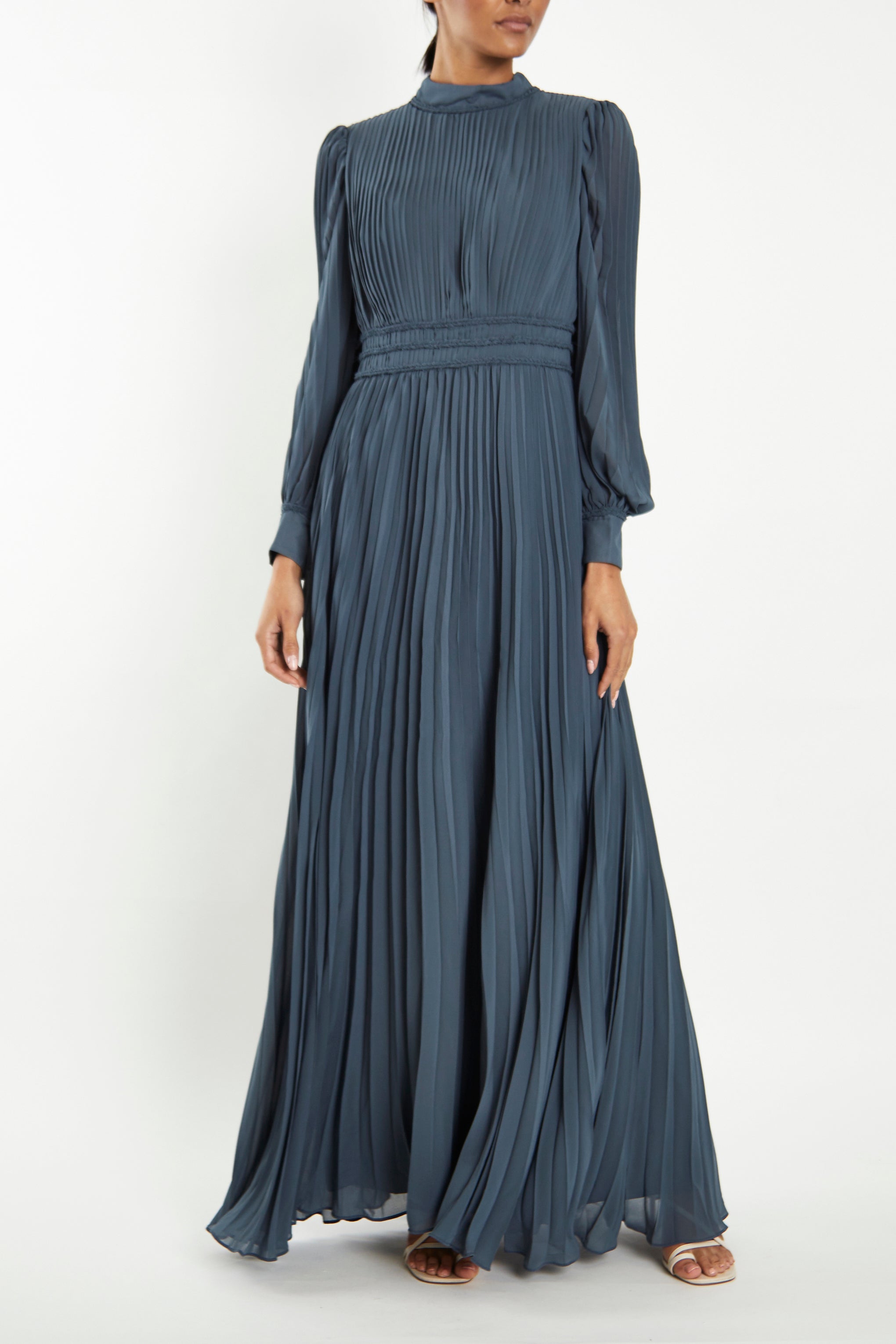 Maria Steel Blue Pleated Long-Sleeve Maxi-Dress - 6 - True Decadence