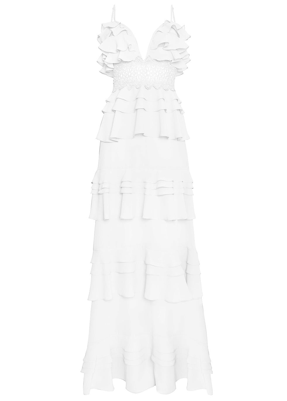 Sophia White Plunge Front Tiered Ruffle Maxi-Dress - True Decadence