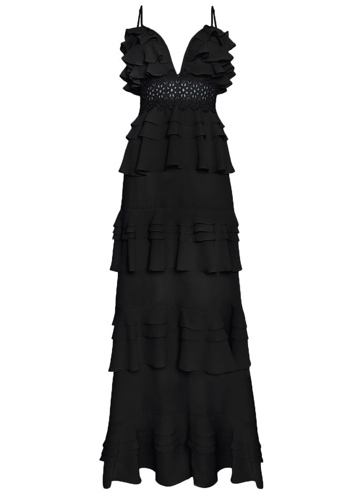 Sophia Black Plunge Front Tiered Ruffle Maxi-Dress - True Decadence