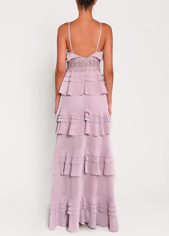 Sophia Dusty Lilac Plunge Front Tiered Ruffle Maxi-Dress - True Decadence