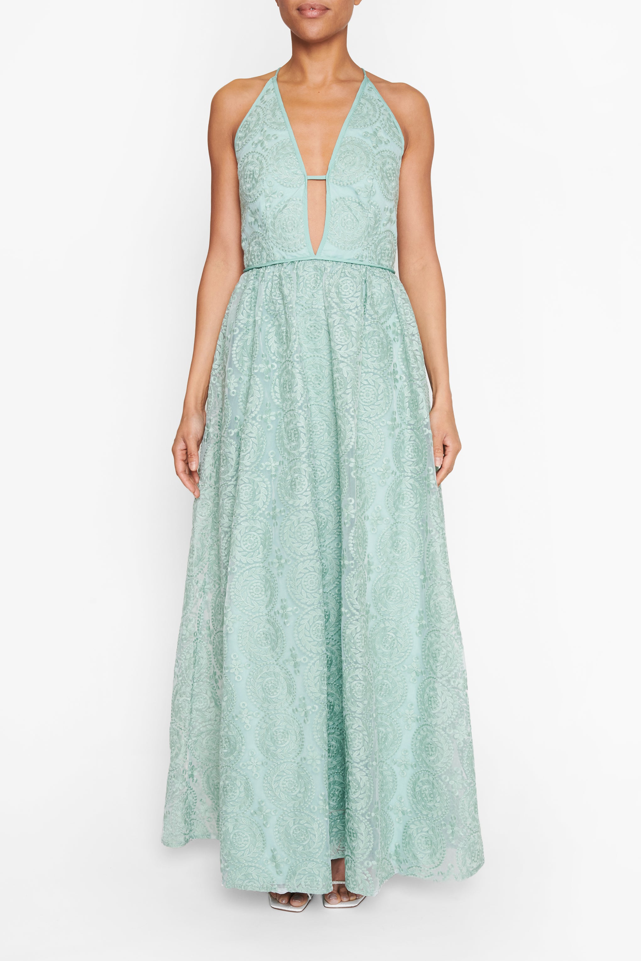 Matilda Dusty-Green Embroidery Plunge-Front Cross-Back Maxi-Dress ...